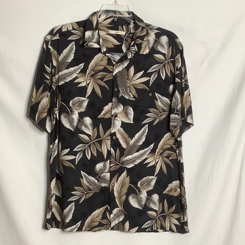 Men's Casual Tropical Button Down Shirt Black and Tan Leaf Neutral Print XL